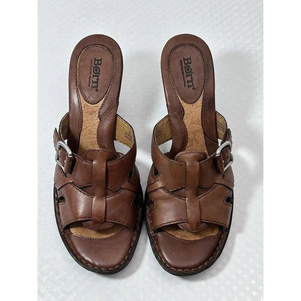 Born Lucia Dark Brown Leather Summer Slide Heel Size 10 M/W‎ Sandals